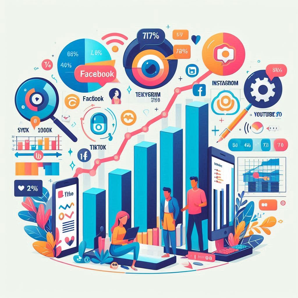 Un gráfico o infografía que muestre las estadísticas clave mencionadas, como el uso de Facebook, Instagram, TikTok, y YouTube.