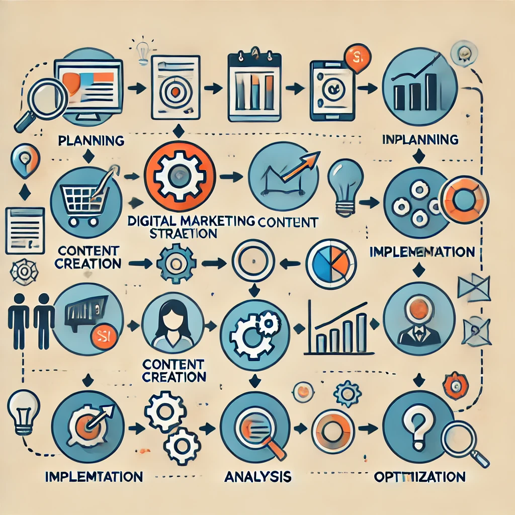 Diagrama del proceso de implementación de estrategias de marketing digital.