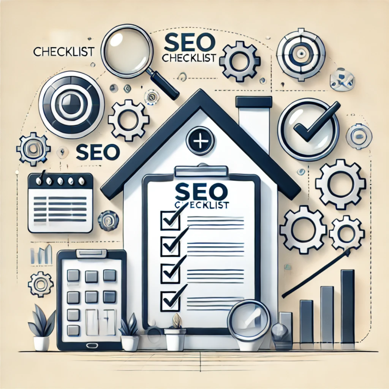 Imagen representando la importancia de un checklist SEO para un curso de marketing digital a domicilio, con listas de verificación, iconos de SEO y un entorno hogareño.