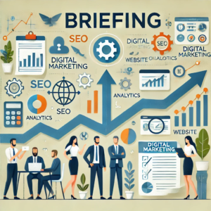 Ilustración representando la importancia del briefing en marketing digital con iconos de SEO, analíticas, colaboración y gráficos de éxito.