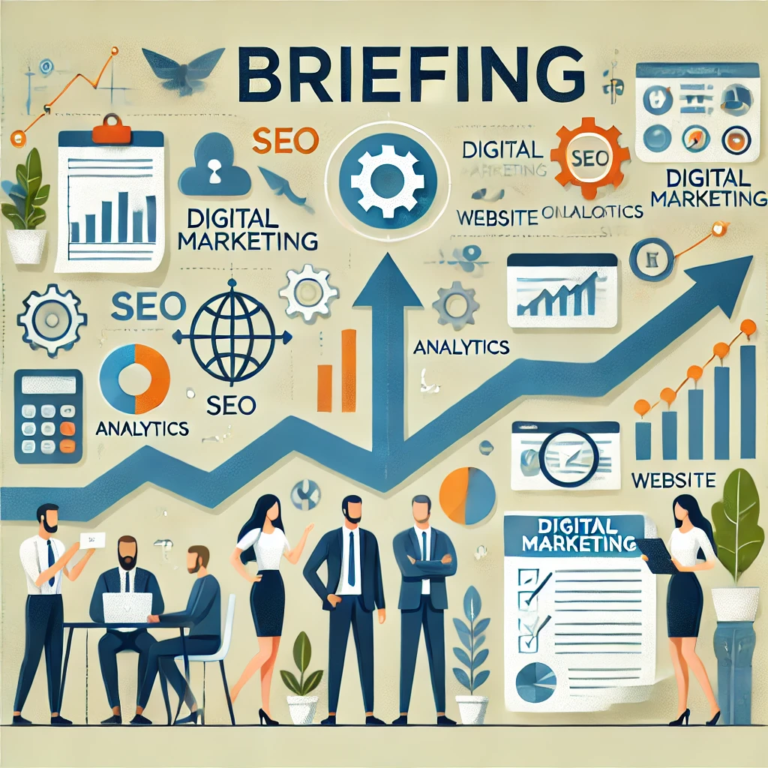 Ilustración representando la importancia del briefing en marketing digital con iconos de SEO, analíticas, colaboración y gráficos de éxito.